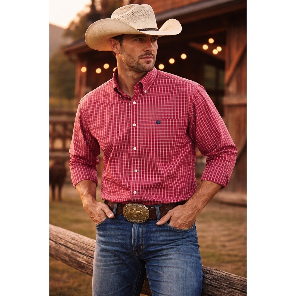 Cinch Mens Red White Plaid Long Sleeve Western Button‎ Down Shirt XXL